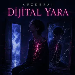 Dijital Yara single kapağı: kırık bir aynanın önünde oturan, göğsünde pembe dijital çatlaklar parlayan yüzü görünmeyen bir figür